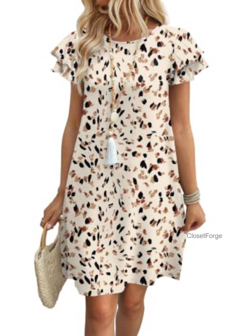 Women's Summer Ruffle Sleeve Round Neck Loose Swing Sundress with Pockets